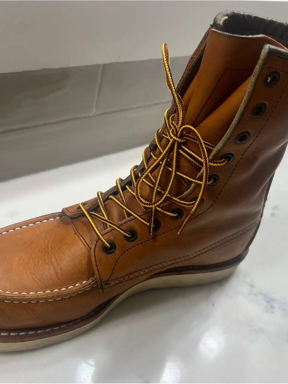 Red Wing Shoes Moc Toe Work Boots - Cognac Brown with Yellow Laces